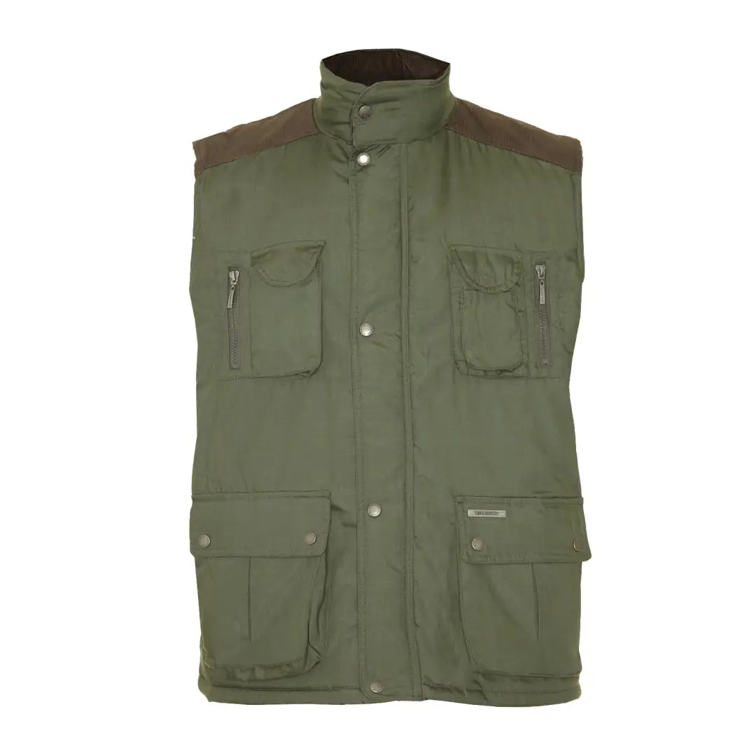 Olive green Champion Exmoor Bodywarmer with pockets and high collar for style and utility