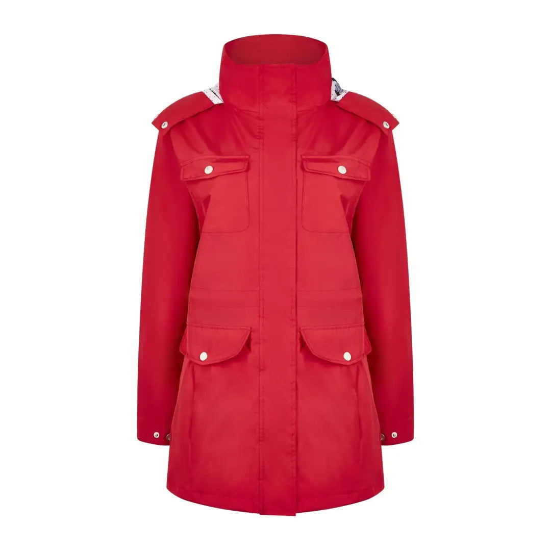 Red Champion Filey Ladies Waterproof Coat with high collar and multiple pockets