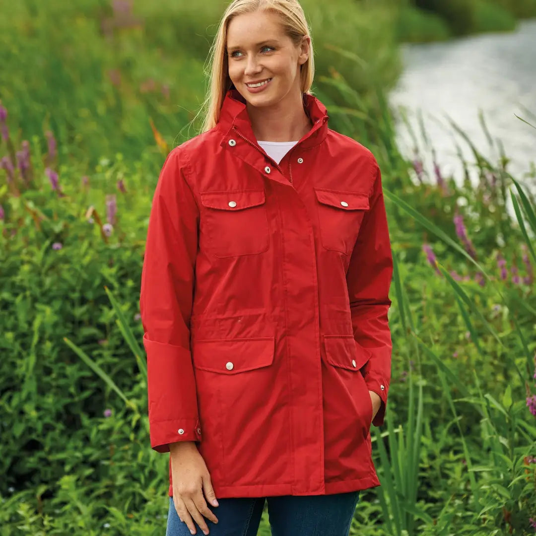 Red Champion Filey Ladies Waterproof Coat with pockets and gold buttons. Perfect for rain!