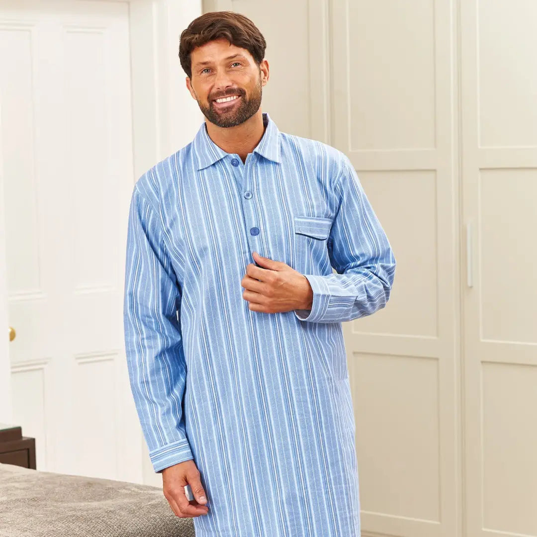 Smiling man in Champion Harrow nightshirt with chest pocket, perfect country clothing