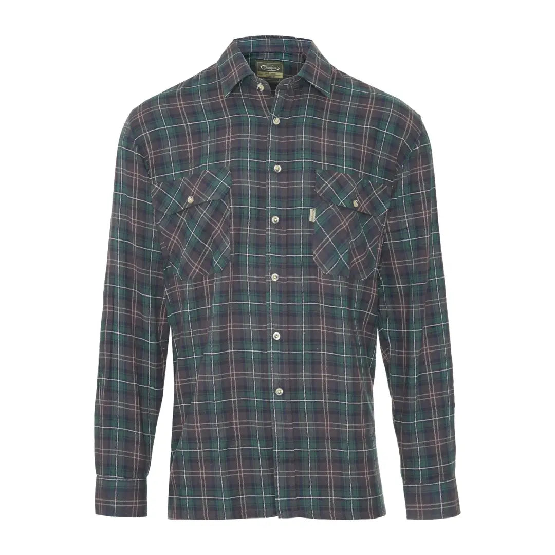 Plaid flannel Champion Kilbeggan Shirt in green, gray, and burgundy pattern