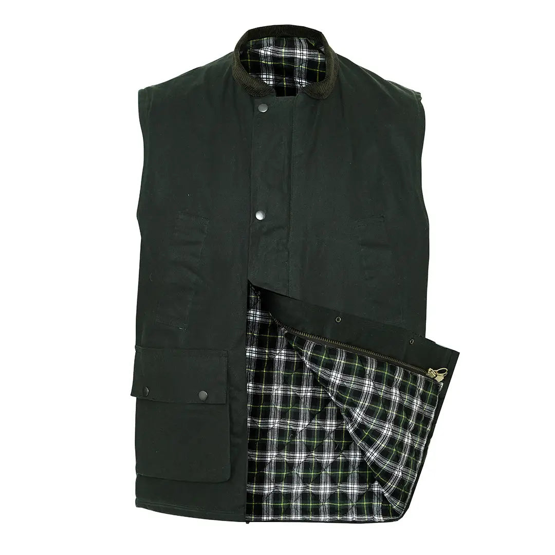 Dark green sleeveless Champion Lanark Wax Bodywarmer with plaid lining and snap buttons