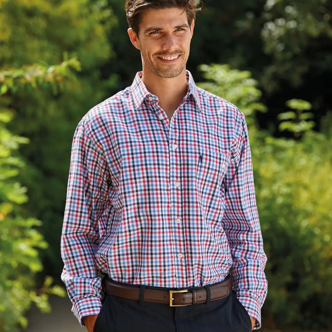 Plaid Champion Lyndhurst Long Sleeved Shirt featuring red, blue, and white checks