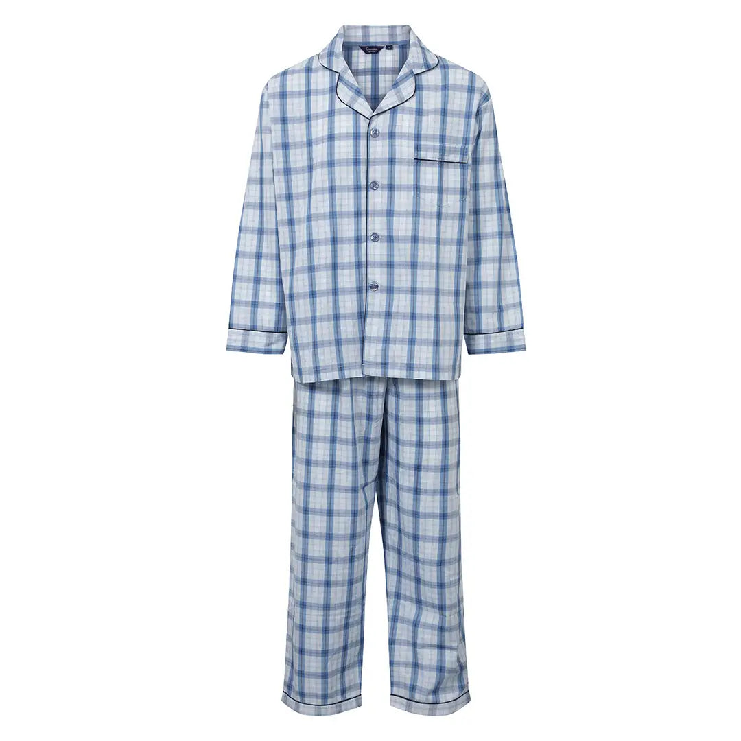 Blue and white plaid Champion Marlow Pyjamas set with a button-up shirt and pants