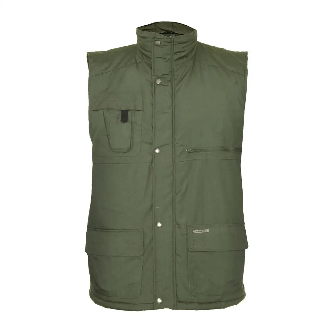 Olive green Champion Peak Bodywarmer with pockets and high collar, perfect for layering