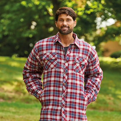 Plaid flannel shirt in red, white, and blue, featuring Champion Pennine padded Sherpa fleece lining