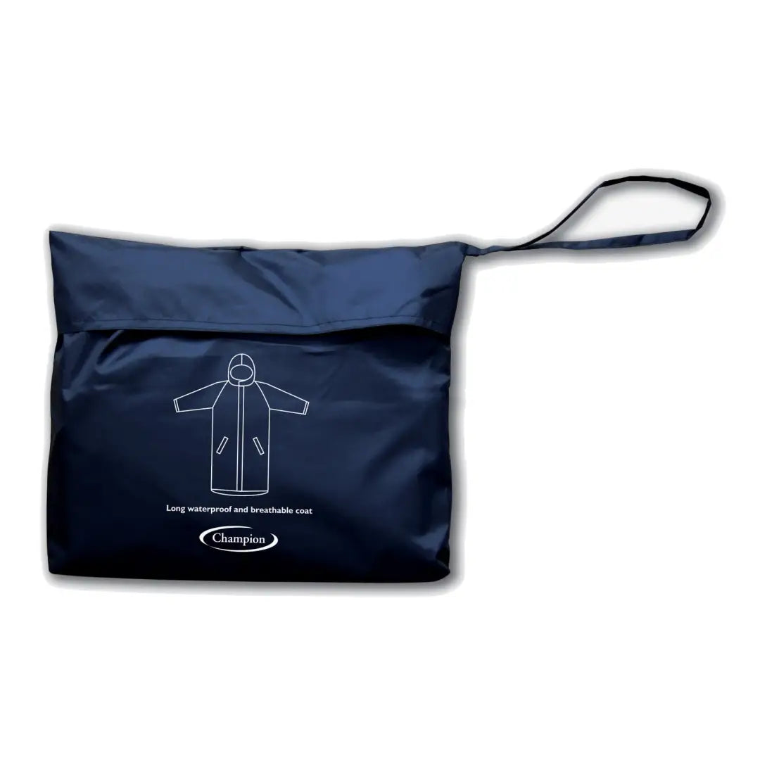 Navy blue zippered pouch featuring raincoat icon for Champion Storm Long Coat