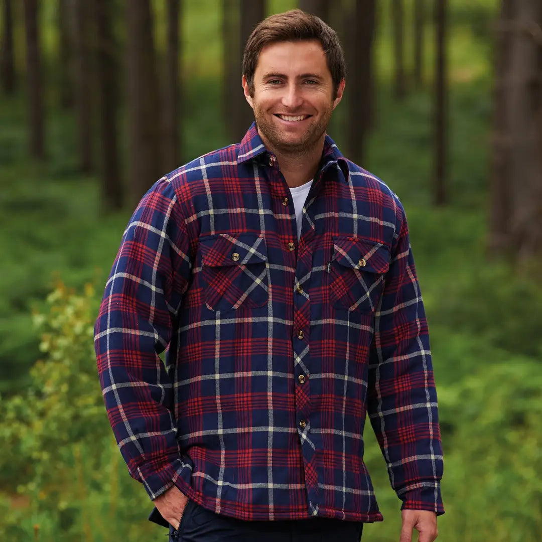 Plaid Champion Totnes Padded Shirt in red, blue, and white pattern for cozy style