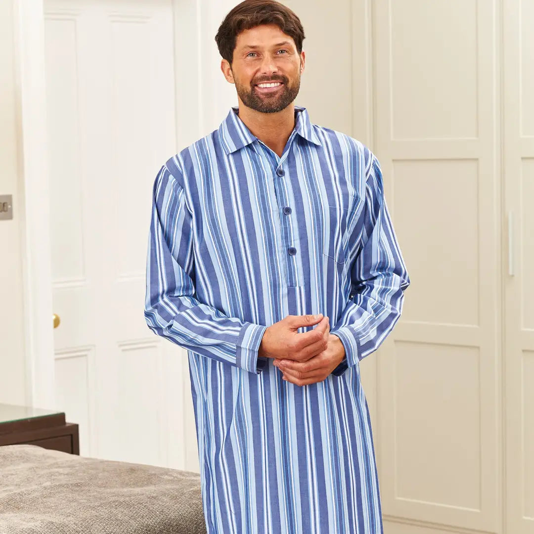 Blue and white striped Champion Westminster Nightshirt worn by a bearded person