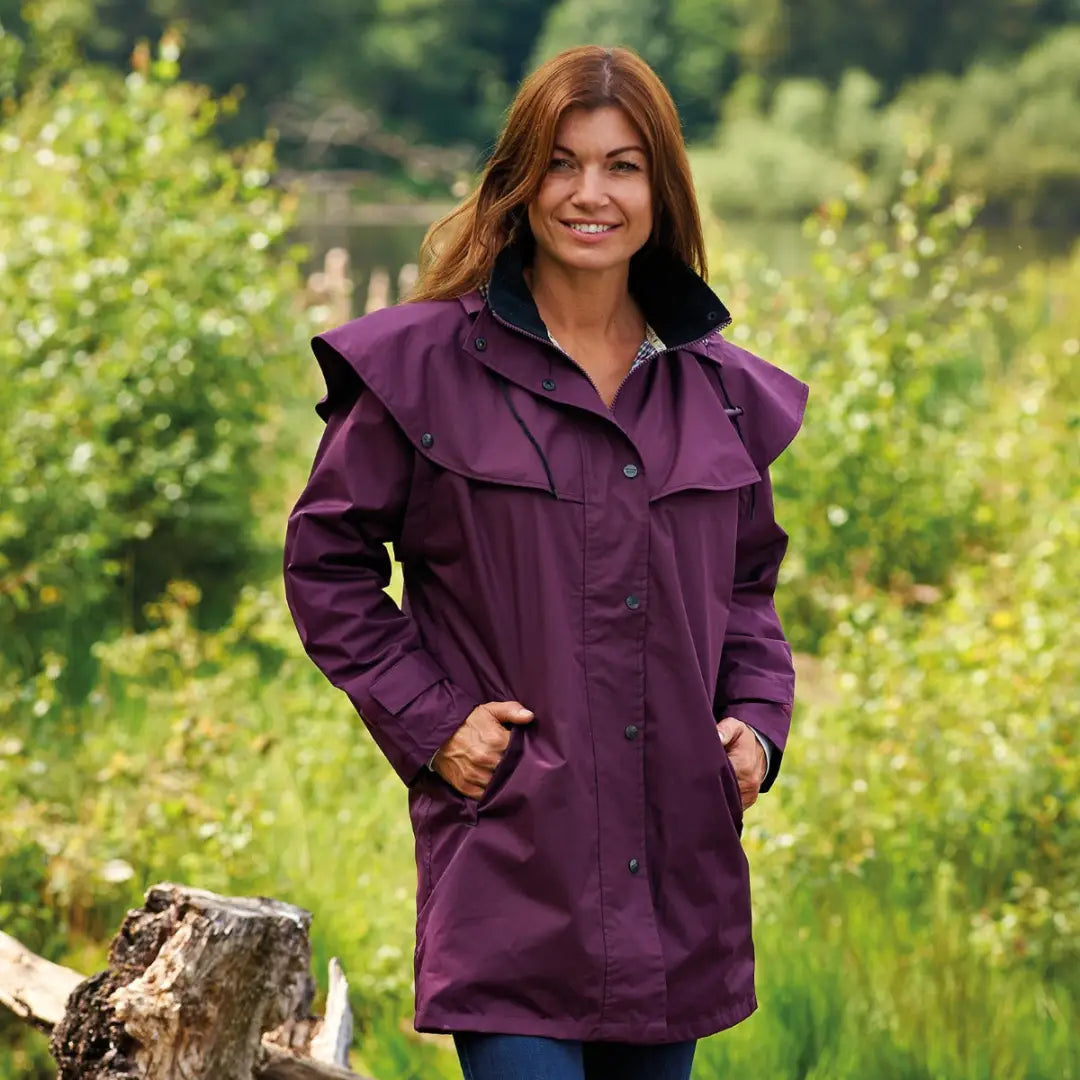 Purple Champion Windsor Riding Coat featuring a stylish ruffled collar and button-up front