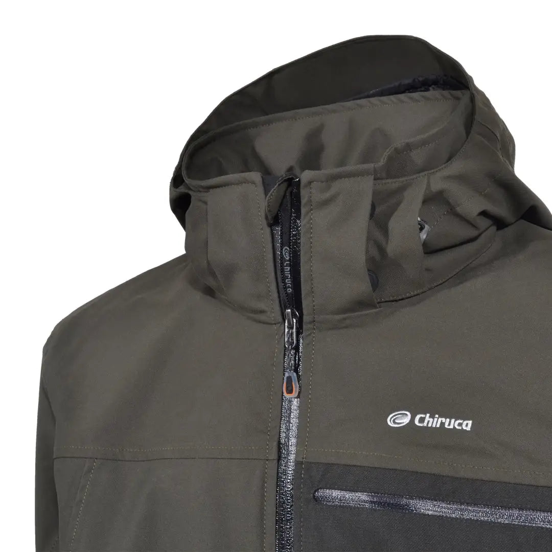 Olive green Chiruca Aura Jacket with zipper and brand logo on display