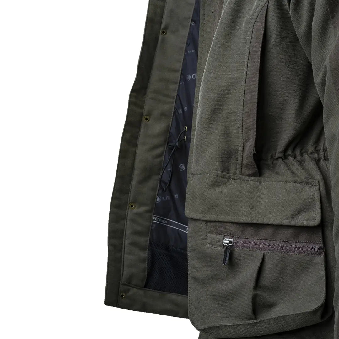 Olive green Chiruca Valkiria Jacket with multiple pockets and a zipper closure