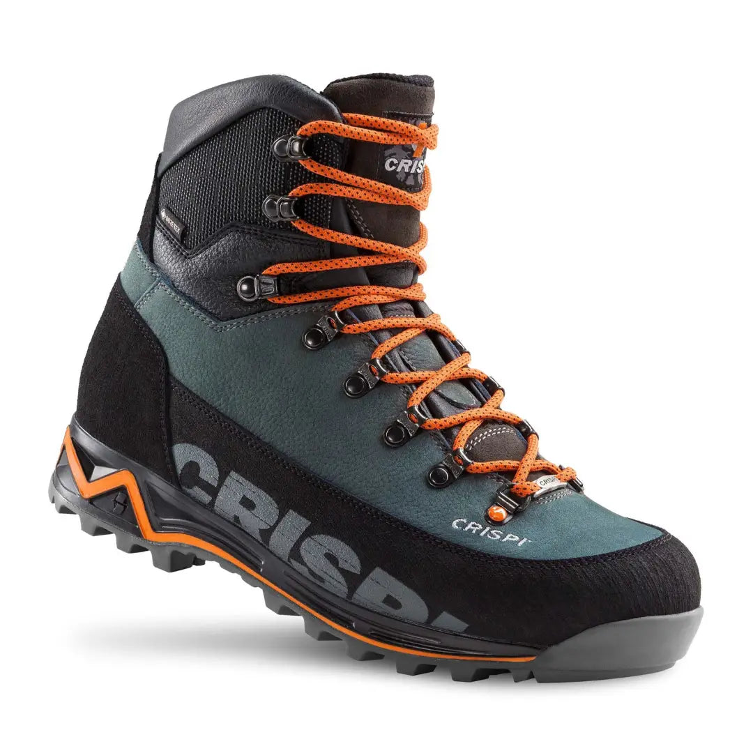 Rugged Crispi Futura GTX boots with orange laces in teal, black, and gray colors