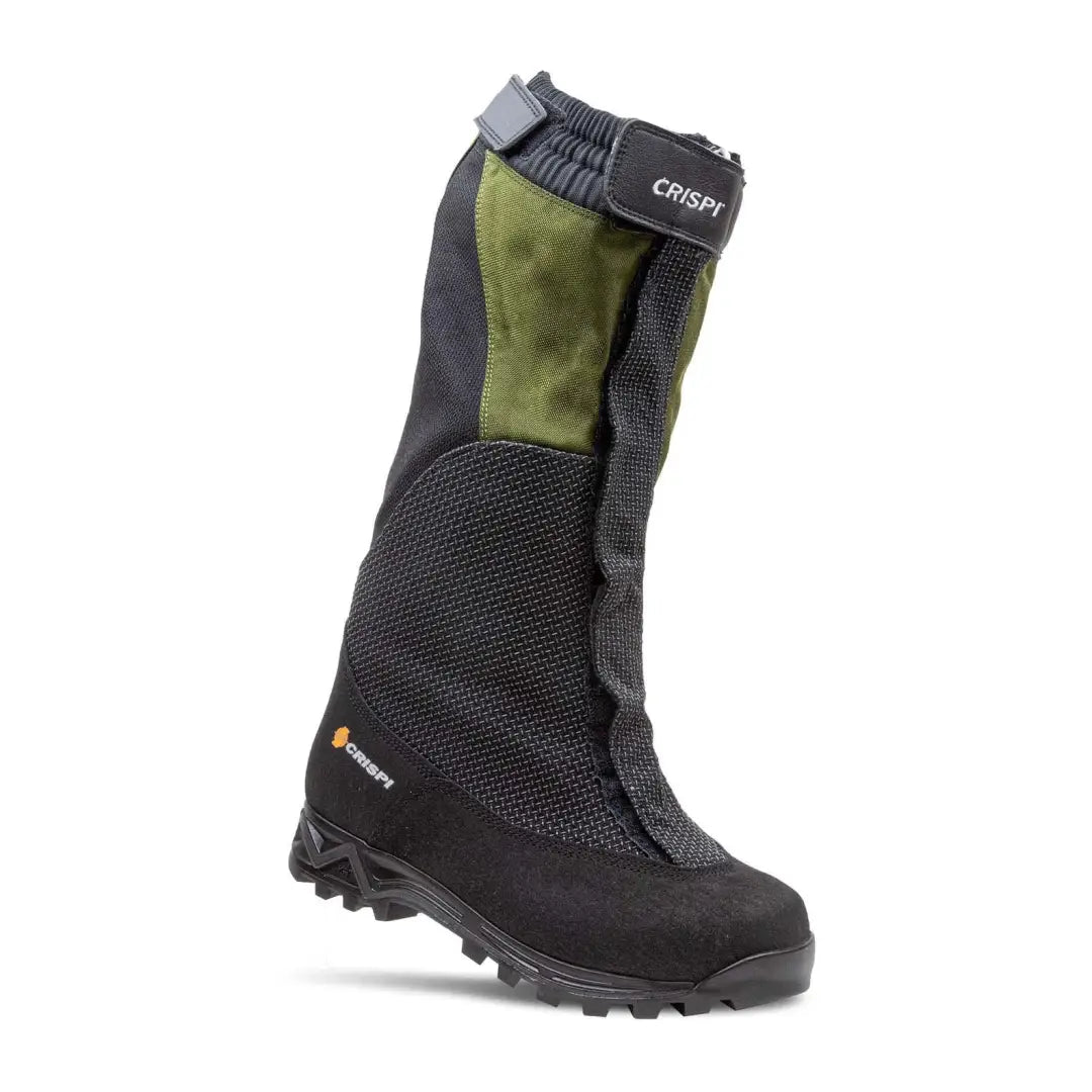 Tall black Crispi Highland Pro Boots with green accents and rugged sole for outdoor adventures