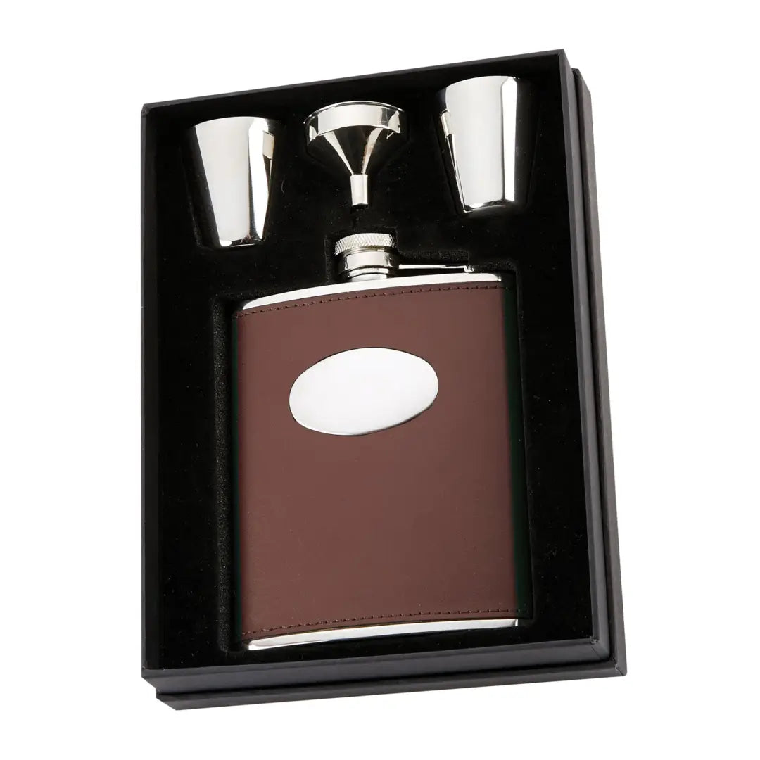 Brown leather David Nickerson 6oz hip flask gift set with shot glasses