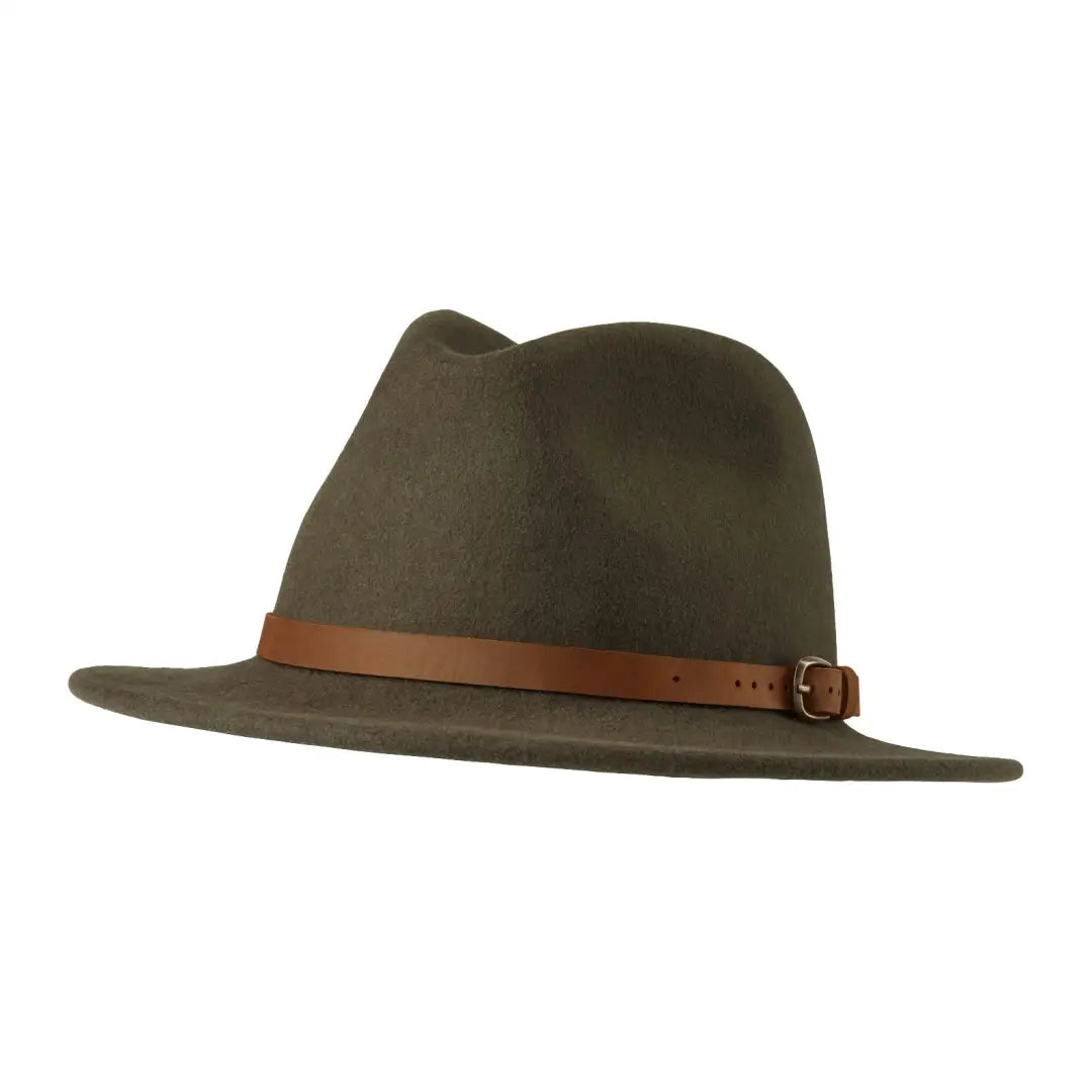 Stylish Olive Green Deerhunter Adventurer Felt Crushable Hat with Brown Leather Band