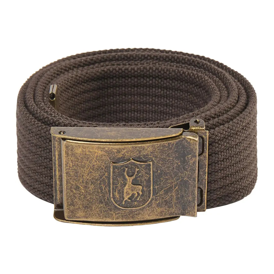 Brown Deerhunter Canvas Belt with antique brass buckle and deer emblem for outdoor hunting