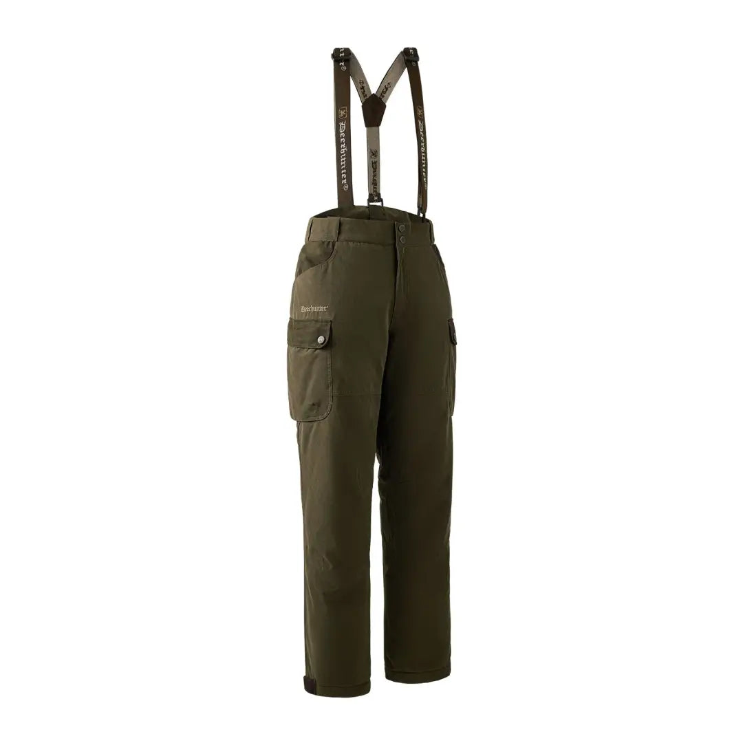 Dark green Deerhunter Eagle Winter Trousers with suspenders and cargo pockets