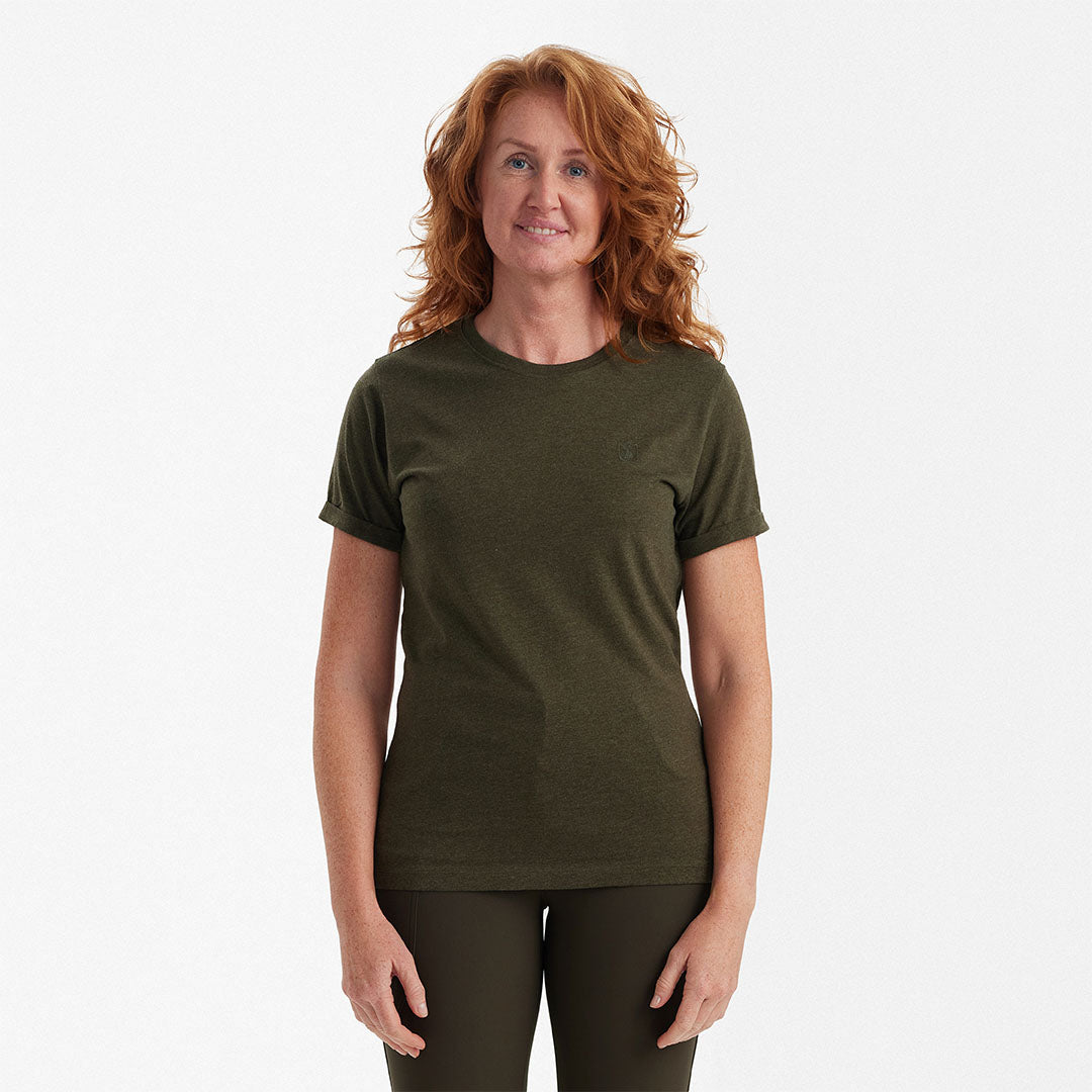 Woman in olive green round neck t-shirt from Deerhunter Ladies Basic for country clothing