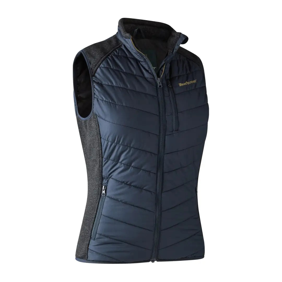 Navy blue Lady Caroline Padded Waistcoat featuring quilted design and black side panels