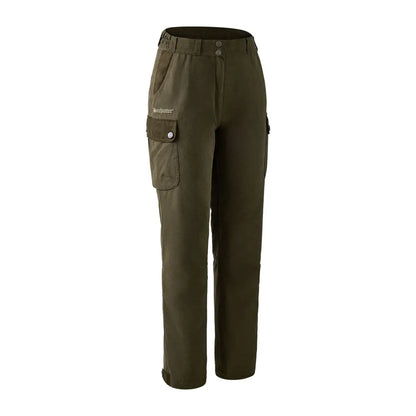 Olive green Deerhunter Lady Eagle Trousers with pockets and brand logo on display