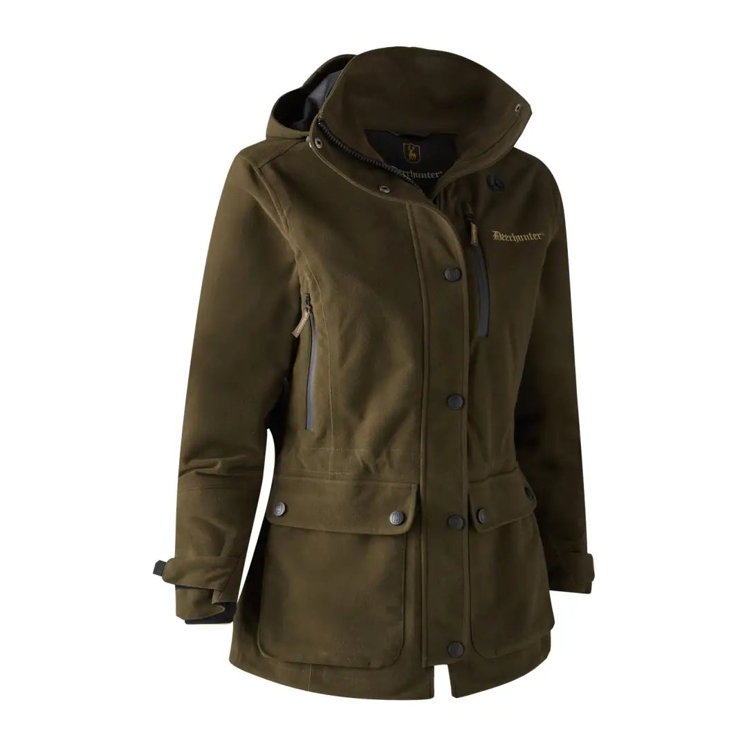 Olive green Deerhunter Lady Gabby Jacket with pockets and a high collar for outdoor style