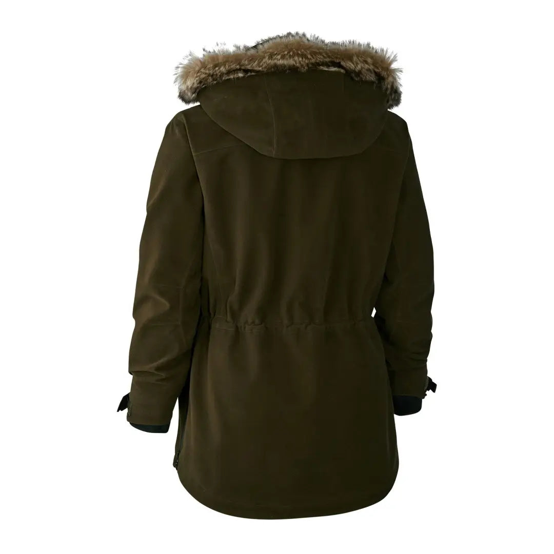 Dark green Deerhunter Lady Gabby Smock with fur-trimmed hood and drawstring waist