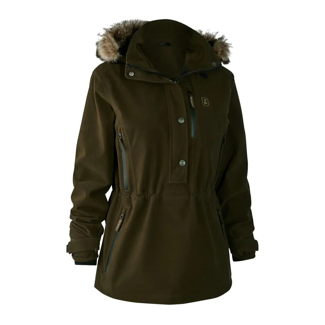 Dark green Deerhunter Lady Gabby Smock with fur-trimmed hood and pockets