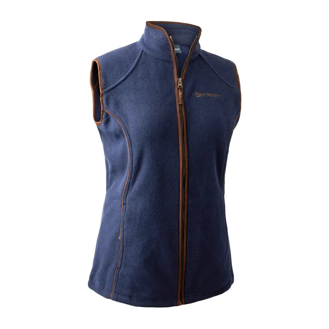 Navy blue Deerhunter Lady Josephine fleece vest with brown trim and full zipper