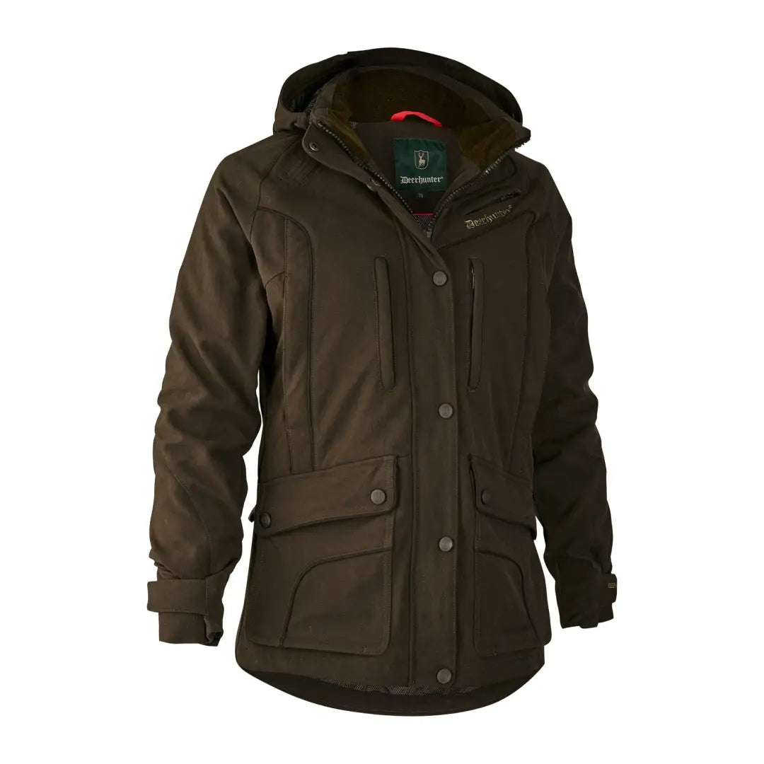 Dark brown Lady Mary Extreme Jacket with pockets and button closures for winter style