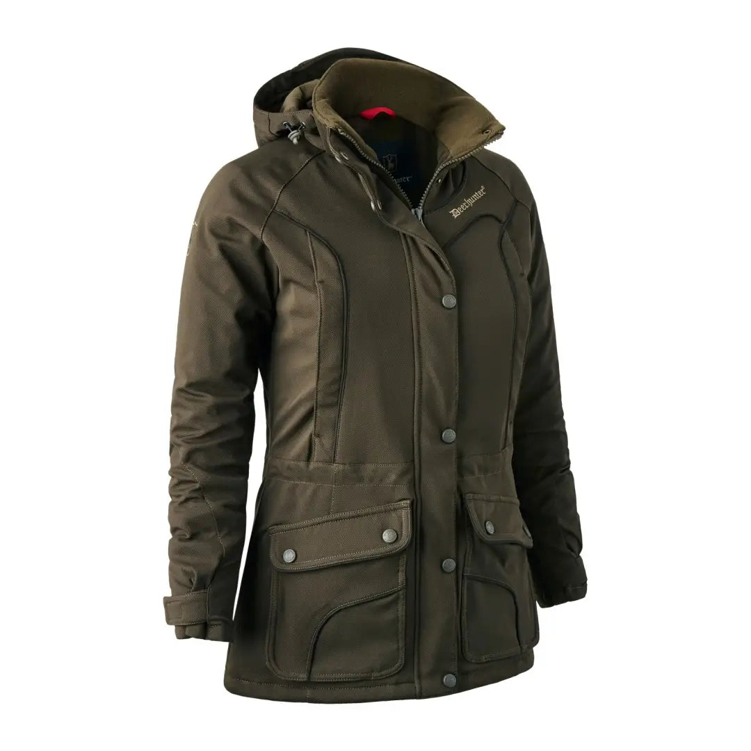 Dark green Lady Mary jacket with multiple pockets and high collar for outdoor adventures