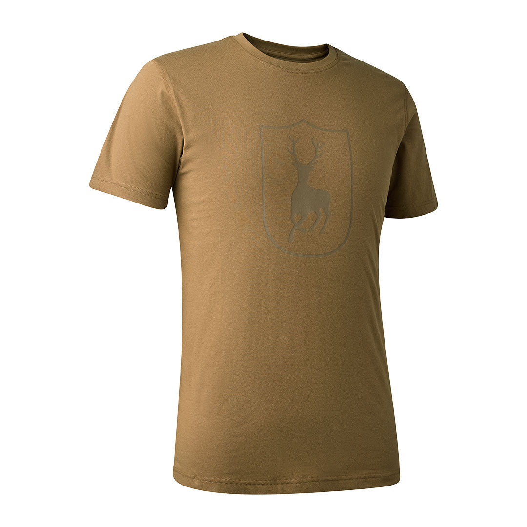 Khaki t-shirt featuring the Deerhunter logo, perfect for country clothing and hunting