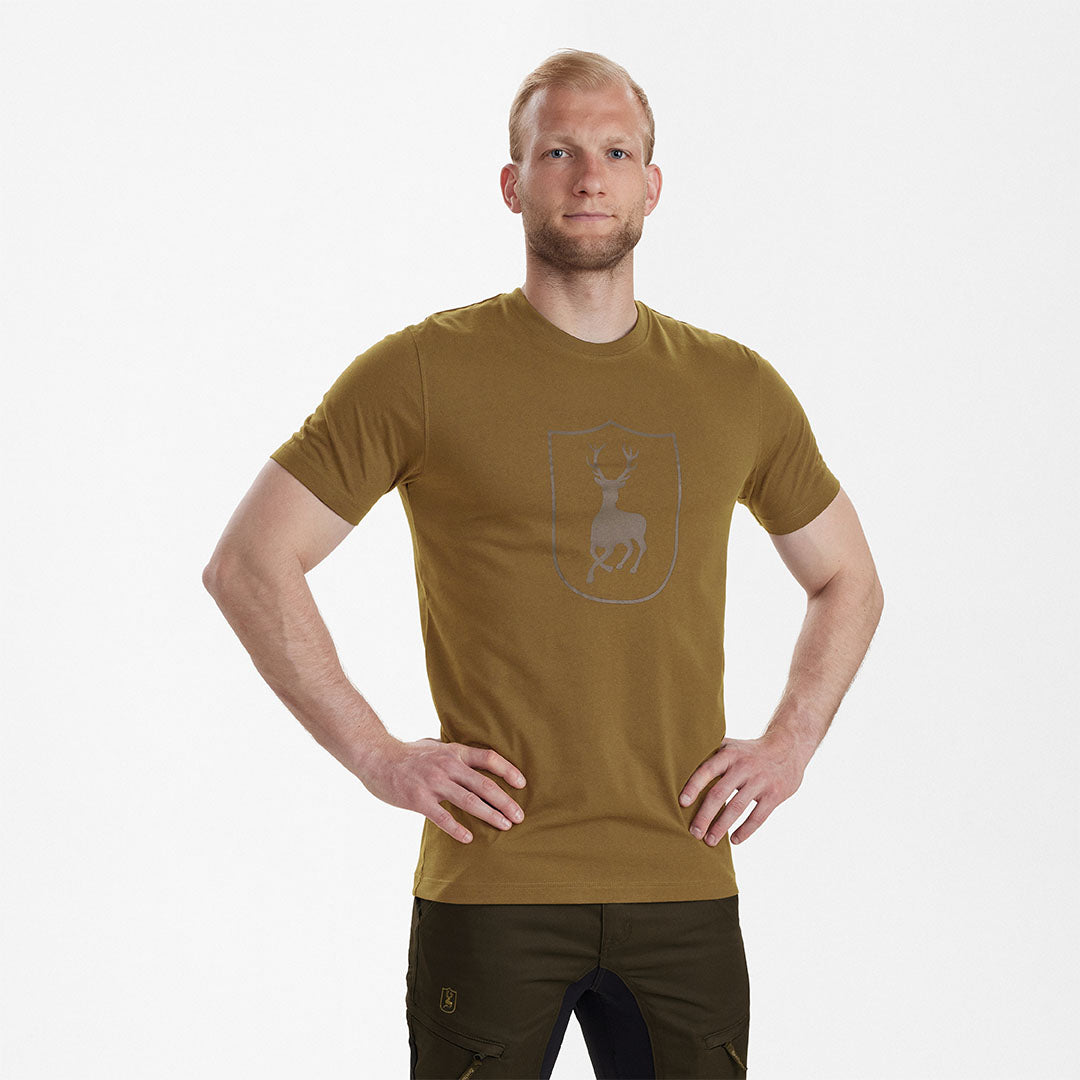 Olive green Deerhunter Logo T-shirt with a deer emblem, perfect for country clothing and hunting