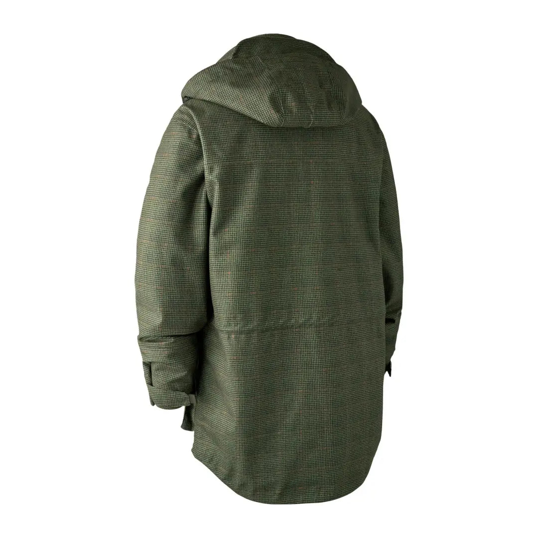 Green hooded winter coat with textured fabric pattern in Deerhunter PRO Gamekeeper Hunting style