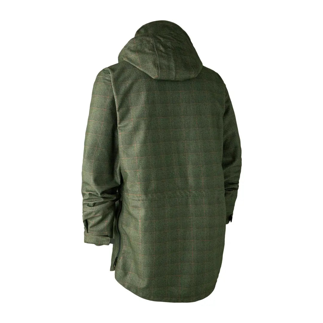 Green hooded waterproof jacket with long waterproof zipper, perfect for outdoor adventures