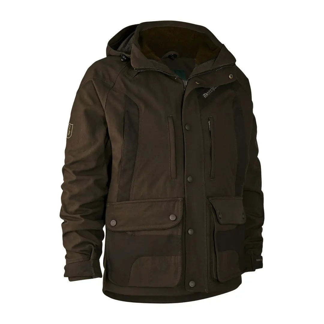 Dark brown Deerhunter Muflon Extreme Jacket with pockets and snap closures for winter