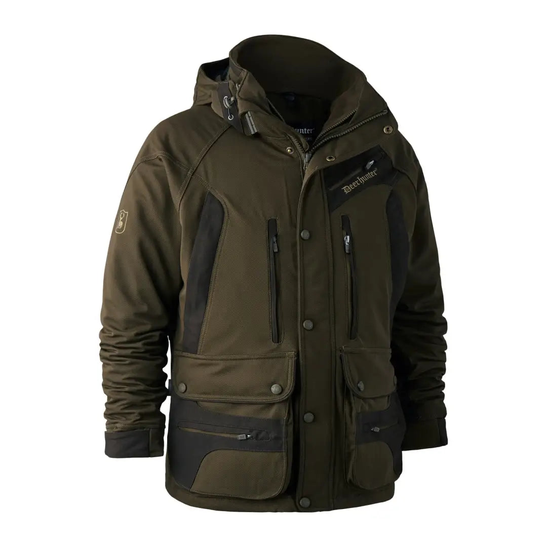 Rugged olive green Deerhunter Muflon Jacket with pockets and black accents