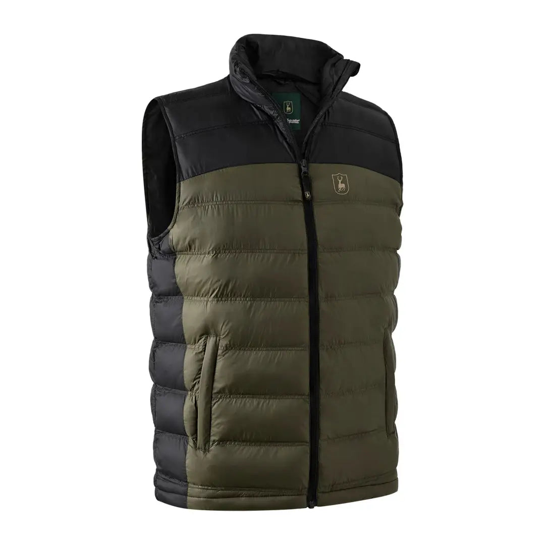 Padded sleeveless vest with black and olive green sections from the Northward Padded Waistcoat