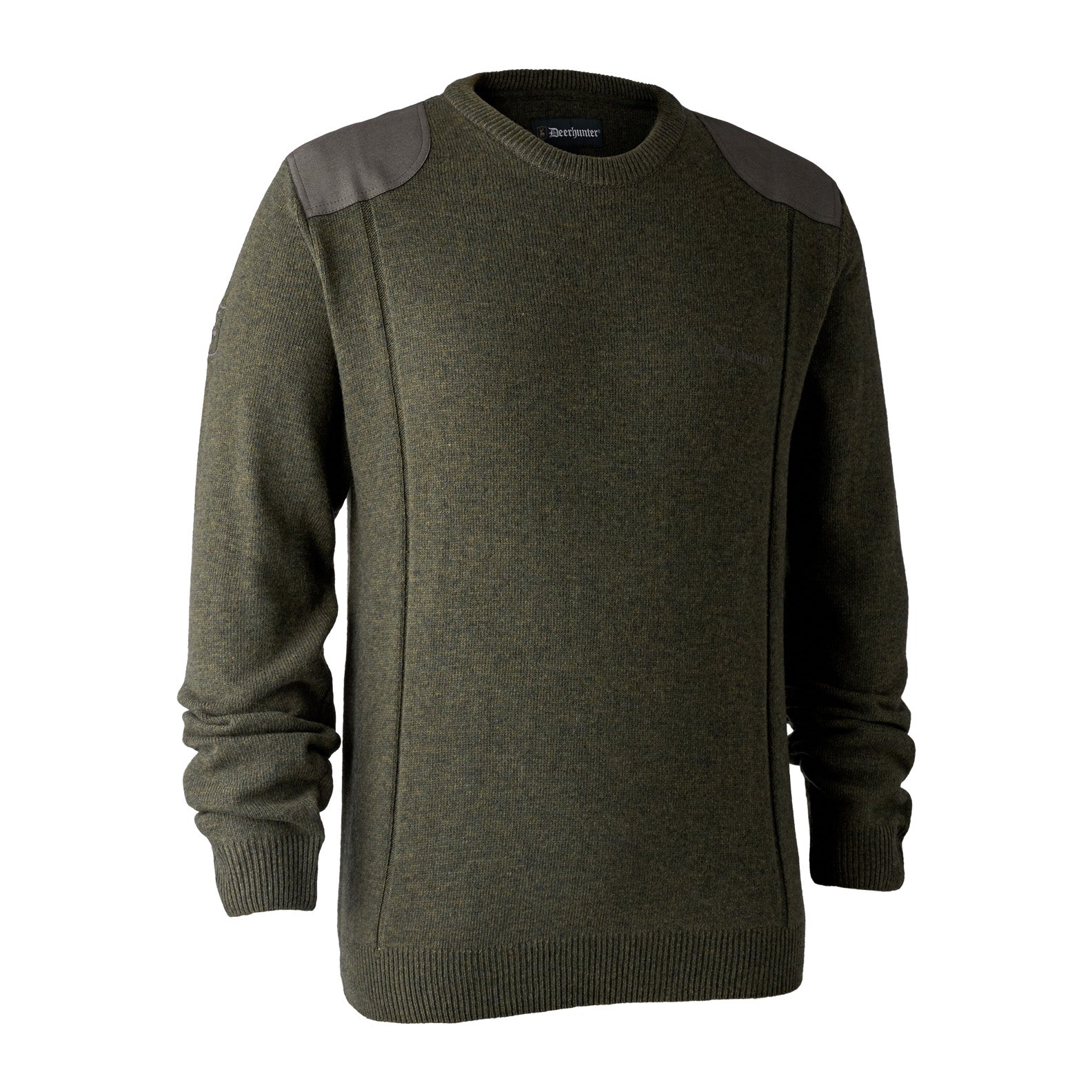 Olive green Deerhunter Sheffield Knit with round neck design and shoulder patches