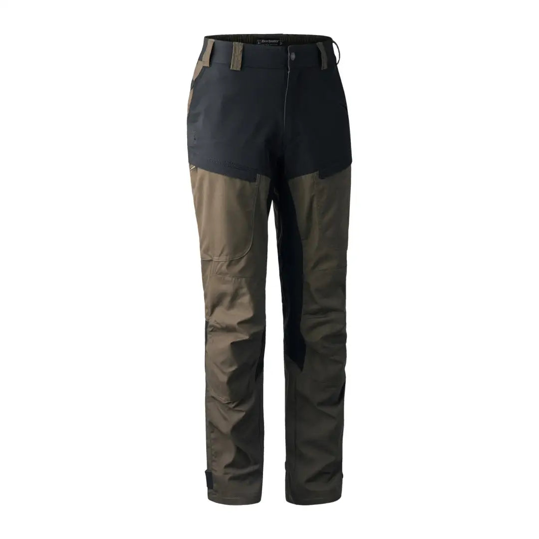 Deerhunter Strike Trousers in two-tone black and olive green, perfect for hiking and hunting