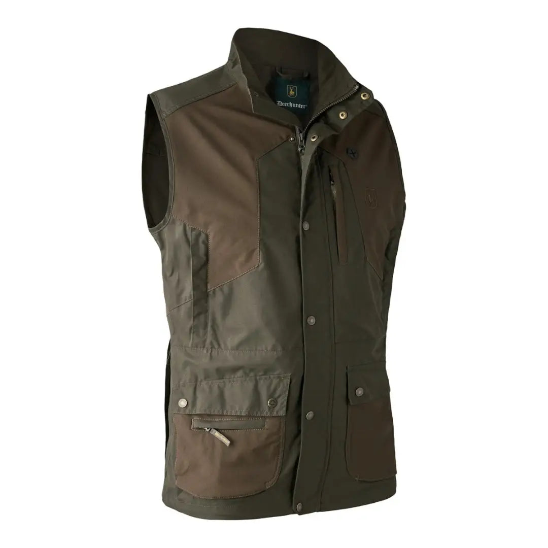 Olive green Deerhunter Strike Waistcoat with pockets and high collar for outdoor adventures