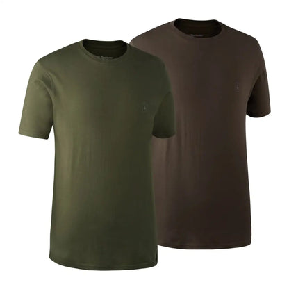 Two plain crew neck t-shirts in olive green and brown for outdoors and hunting lovers