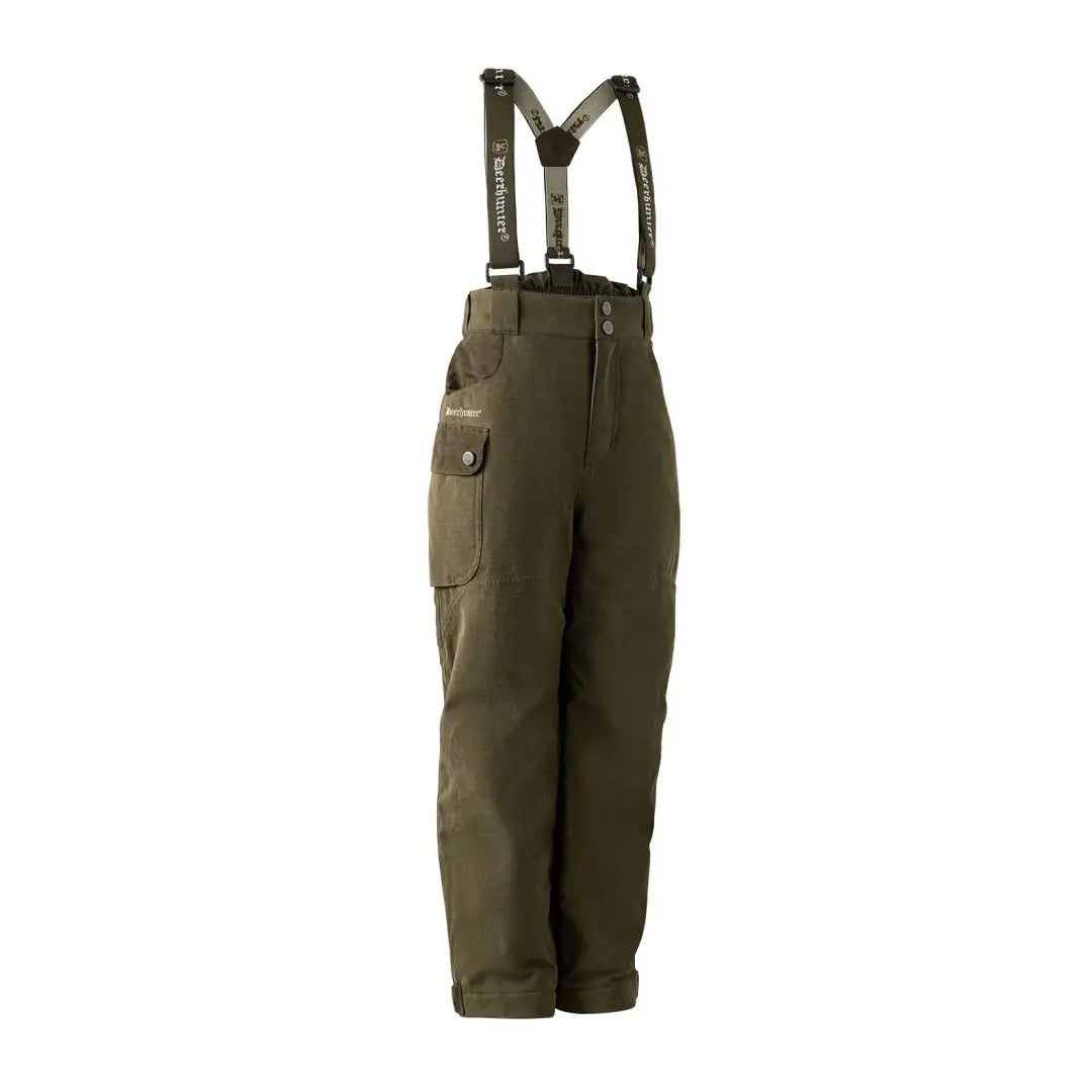 Olive green waterproof youth Eagle Trousers with suspenders and side pocket