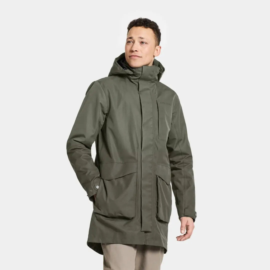 Olive green Didriksons Andreas Parka with multiple pockets for winter style