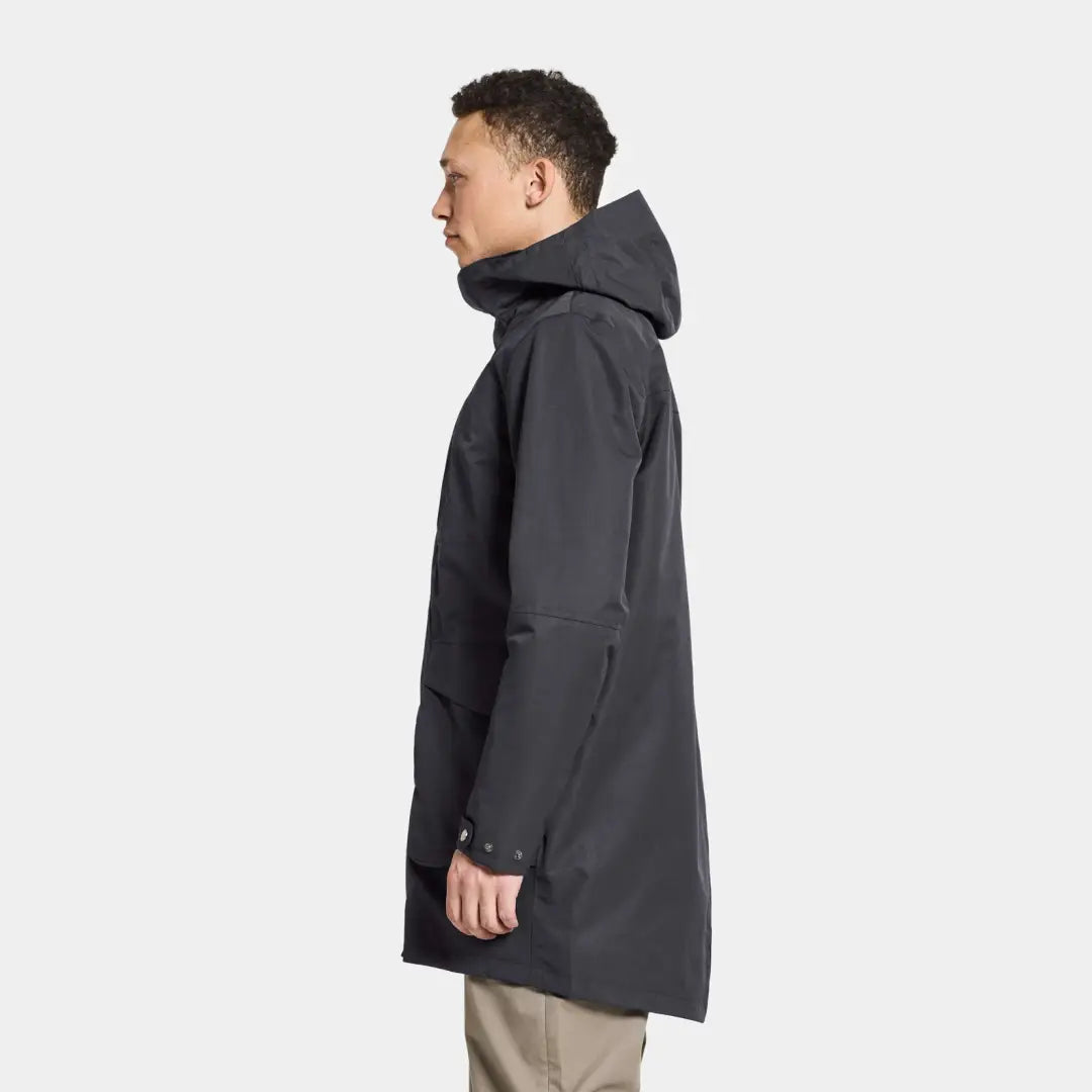 Dark gray Didriksons Andreas Parka with hood and high collar perfect for winter style