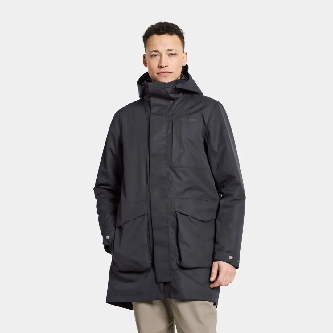 Dark gray Didriksons Andreas Parka perfect for Nordic weather with seven pockets