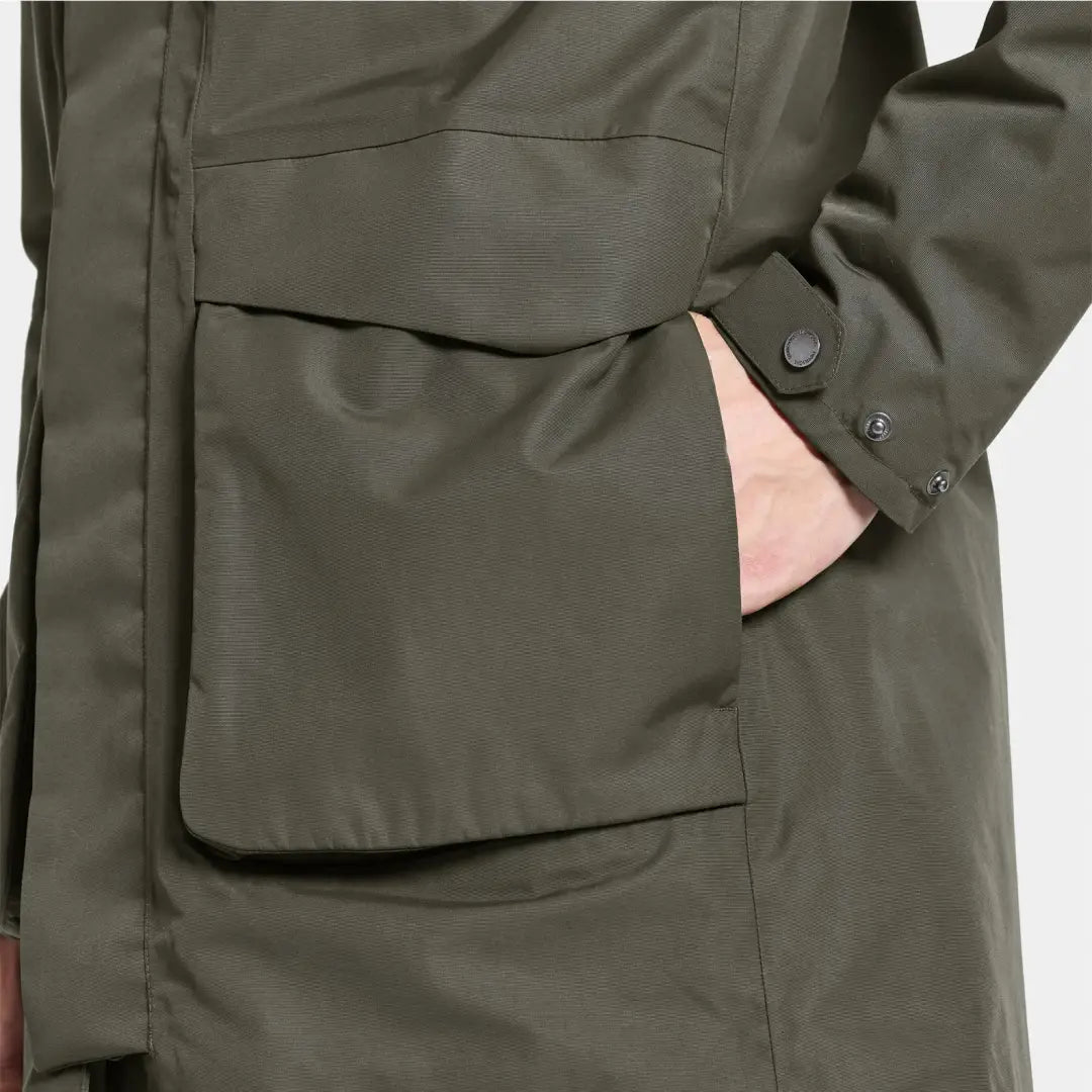 Olive green Didriksons Andreas Parka with a pocket and hand inserted for style