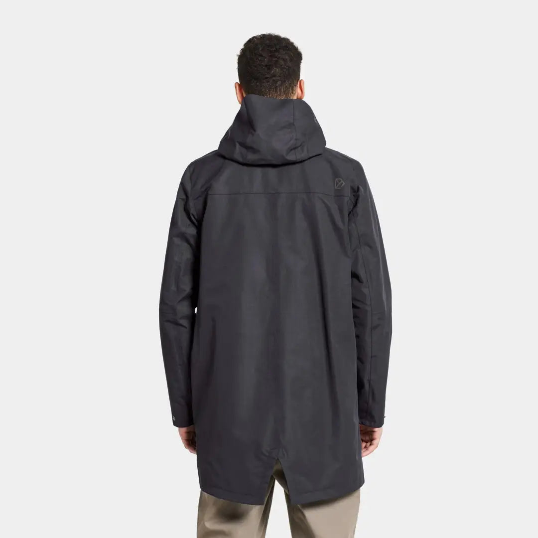 Dark gray hooded Didriksons Andreas Parka jacket shown from the back