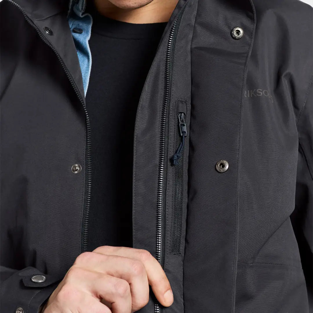 Dark gray Didriksons Andreas Parka with zippers and snap buttons for winter warmth