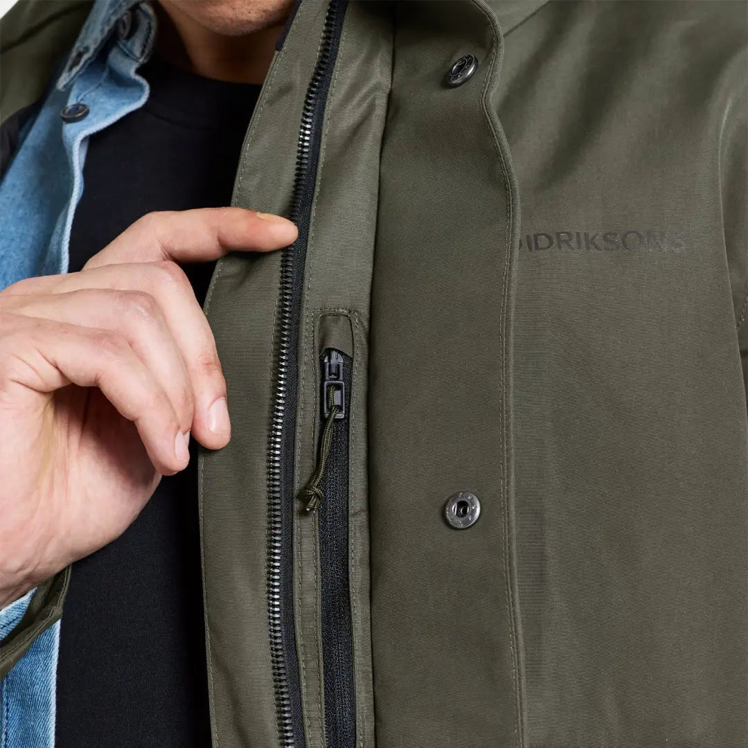 Olive green Didriksons Andreas Parka featuring zippers and buttons for stylish warmth